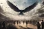 Placeholder: View of a modern Elysium with winged females flying over people running away in fear