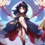 Placeholder: Clear focus,High resolution, black short fluffy hair, long fluffy bangs, and red eyes, Depressed girl, wearing a genshin impact outfit,slight revealing outfit, Smug smile, half closed eyes, smile, full body, Extreme close up, smiling, eyes close