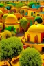 Placeholder: A yellow neighborhood with fruit shaped buildings designed in Moroccan rug art painted by Georges Seurat