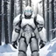 Placeholder: white armor, in the snow, forest in the background, snow, arctic theme, light armor, power armor, facing camera, low perspective, thin armor, tactical, fanart style