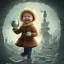 Placeholder: A teapot is shining and a laughing child is looking at it. The child’s image is reflected inside the teapot and behind the child is the reflection of a destroyed city.