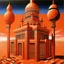Placeholder: A light rosy orange colored desert with a mechanical palace painted by Victor Vasarely