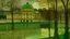 Placeholder: A pale light green palace covered in glitter in the sky painted by Paul Gauguin