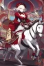 Placeholder: Ragazza vestita in stile Lolita rosso che cavalca un cavallo del Carosello, disegnata in stile Persona 5