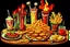 Placeholder: Pizza, sandwich, hamburger, baguette bread, french fries, pizza cheese, soda, and sauce with a dark color theme and barbecue flames.