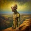 Placeholder: oil painting, an old track on a tall cliff, a man standing on the cliff and looking at the flooded city below him