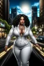 Placeholder: Create a digital airbrush cartoon of a plus size African American female wearing a white business suit with white heels. Prominent make up with hazel eyes. Highly detailed very long extremely curly black hair. She is wearing silver and diamond Jewely that shines of the lights. Her skin is smooth and silky. Background of a busy city street