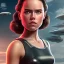 Placeholder: Daisy Ridley, star wars black bikini uniform Empire officer, movie poster, heroic gaze windswept hair, wide angle lens, full torso