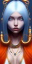 Placeholder: human kingfisher girl with long straight blue hair and orange strand of hair wearing a blue winter coat and a gold necklace