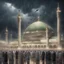 Placeholder: Hyper Realistic lots of people praying outside Masjid-E-Nabwi Madina at beautiful cloudy rainy night with birds flying showing dramatic lighting & cinematic ambiance