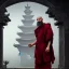 Placeholder: Portrait of a monk, fog, distant Asian temple, profile, grim, dark, Frank Frazetta, Greg Rutkowski, hyperdetailed, trending on Artstation, Splash screen art, dynamic lighting, intricately detailed, a masterpiece, 8k resolution, high contrast, bearded, red robe, detailed face, dramatic, intense