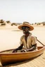 Placeholder: African man wearing hat and sunglasses, rowing small boat in desert sand at a distance