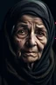 Placeholder: portrait of a 80 year old woman, in hijab , full lips, black long hair, sad, crying, well lightened