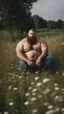 Placeholder: full figure photography, shy muscular big fat chubby, 35mm lens, burly italian man short hair, 25 years old sitting in the meadow with a flower in a hand, near a big farm , red short beard, shirtless, hairy armpits, manly armpits, ugly, manly chest, hairy chest, big shoulders, , huge belly, manly chest, shirtless, with boxer, emotive eyes looking at camera, photorealistic ,sunlight , ambient occlusion, side view, poetic composition, golden ratio