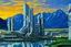 Placeholder: Sunny Day, futuristic buildings near the mountains, sci-fi, tendency to impressionism influence, realistic painting