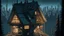 Placeholder: small german Cabin, In cyberpunk city-skyline, comic style, realistic coloring