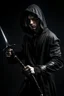 Placeholder: young human rogue holding a dagger in dark medieval clothing hood down full body