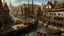 Placeholder: gothic medieval harbour with ships, piers, houses, shops, inns, balconies, plants, people, market