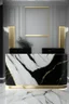 Placeholder: Black clear reception desk with white marble wall veined with gold