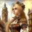 Placeholder: In the style of Jean-Baptiste Monge, a blonde woman with big brown eyes, in steampunk style . long hair. Charming view. Short top, around the Gothic buildings. Detailed clothing. Detailed view. soft colors