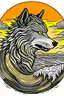 Placeholder: the great wave in the shape of the head of a wise grey wolf from the side and a prominent sunset in the background vector art