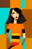Placeholder: whimsical arafed nonsense stylized abstract portrait of a woman with dark bob hair, seated with arms crossed, (((exaggerated body parts))), (((oversize head))), in vibrant orange dress and black accents around wrists, background is blend of bold beige and drab patchwork vibe, cyan tints, rainy whimsical afternoon, sharp color contrasts, amazing shadows, minimal cozy, color leak, heavily distorted views, amazing parallels