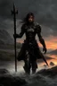 Placeholder: A formidable warrior girl in black armor, on the background Amazing gloomy landscape, flooded with sunset, mountains, trees, fabulous scary hero, , juicy emotions, painting, dark fantasy, bad weather, gloomy day, dark world, by James Paick