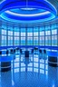 Placeholder: A restaurant with the outer shape of the walls in blue and a white floor and it contains one table in the middle of the restaurant in the form of a bar and the shape of the walls is oval containing 30 chairs and the walls are made of glass