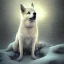 Placeholder: albino shiba inu mixed with German Shepherd, in the snow, ethereal glowing aura