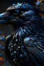 Placeholder: Beautiful black Crow bird animal portrait, extremely textured skin and bioluminescense textured feathers ribbed with black zafír pearls and opal and onix mineral stone ad siny black diamonds embossed floral metallic etherial shamanism goth jewellry and ornaments adorned with filigree gothica black shiny pearl ribbed and skin ae bioluminescense decadent style amazing ly textured black feathers embossed floral filigree costume colour gradient shiny onix dark decadent gothica style with silver fili