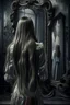 Placeholder: back view of a woman, beautiful long hair, her reflection in a mirror is an empty face, symbolism for the question "who am I", 32k, Mysterious and gothic, chaotic