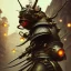 Placeholder: close-up of a insect with samurai armor in a low-light city street with laterns, realistic, steampunk, 3d-art, futuristic, minimal design, unreal engine