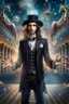 Placeholder: portrait of cool street magician dressed in suit, background is of a cross with octopus arms outstretched up towards heaven, hair standing straight up, fluffy clouds,white pupils, elaborate cape, angels and demons, fireflies , staircase with closed gates of heaven, 4 k, down light, depth of field, trending on art station, high detail, cracked ground