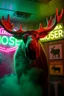 Placeholder: An big female moose with big eyes "Veronika Moser" performing at dance club, her name is "Moser" HAIRY FRUITS EVERYWERE On stage, Green Neon lights and smog, and "VERONIKA MOSER" big sign on the wall, "DU UND ICH UND MOSER" red plate sign, Yellow warning sign with moose