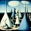 Placeholder: Landscape with nonsense forms, white, blue, Yves Tanguy, shadows, creepy