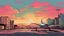 Placeholder: comic style, 80's landscape colors, paper planes parked and landing, sunset light