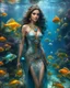 Placeholder: Fullbody excellent pose gorgeous photography art realistic,cinematic realistic colors,soft blur ,natural beauty, of young woman, smiling, beautiful, shiny grey eyes, make up,Queen Persian style, shiny baubles, ornate, large gemstones, shiny molten metalics, shiny wire filigree, brown hair, high definition, Walk in underwater scene teeming with colorful fish nemo, many full fishes swim, and gentle sea turtle