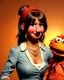 Placeholder: waitress woman with Sesame Street muppet mask-head, concept art, retro style, smooth, unreal engine 5, god lights, ray tracing, RTX, lumen lighting, ultra detail, volumetric lighting, 3d.