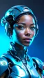 Placeholder: Cyborg female evolving | concrete floor | detailed | fine art | highly detailed | smooth | sharp focus | ultra realistic | full body portrait view, Mysterious,blue metal, smile