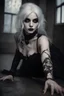 Placeholder: Beautiful goth girl crawling towards the camera in a scary position. White hair, dark make-up, grin on face, black, tight dress. super realistic, smoky background