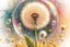 Placeholder: Create a watercolor and chalks painting, whimsical painterly fantasy art, a single large dandelion plant including appropriate leaves at the base of the stem, the head of the dandelion surrounded by a transparent bubble, the dandelion has gone to seed, paint splatter overlay, intuitive pastel colors, soft yellow meadow sprinkled with dandelions and small transparent bubbles in background, add reflections to the bubbles, watercolor and chalk style.