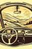 Placeholder: A vintage car phone with a curly cord, attached to the dashboard of a classic automobile. A scenic mountain highway stretches out in the background through the open window. Style: Retro travel, Mood: Adventurous, Lighting: Warm sunlight streaming through the window, T-shirt design graphic, vector, contour, white background.