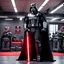 Placeholder: over muscular Darth Vader with gigantic biceps with veins in the training room with his red lightsaber