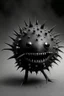 Placeholder: Solid spherical creature, four black eyes, very small smiling mouth, lighting body, The creature is gray iron, without dots, without thorns, wearing worrier shoes, full body, smoke from the head, high details, stunning realistic photograph