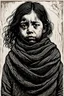 Placeholder: create a deeply powerful tragic, heart wrenching, and evocative, full body woodcut of a raw and weathered young refugee girl with highly detailed and deeply cut facial features, lost in a horrific post apocalyptic Gaza, in the style of KATHE KOLLWITZ , searing lines and forceful strokes