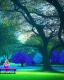 Placeholder: park mystical dream, park bench, man, woman, child, dog, pretty blue and purple trees, blue path, bird, jogger, sunshine, mystical, fantasy, romanticism, digital art, movie poster, cinematic, cinematic lighting, award-winning, beautiful colors, hyper realistic, daylight, daytime, blender render, vibrant, high resolution, 8k,