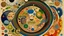 Placeholder: A beige planet with an asteroid belt around it designed in Oaxacan alebrijes painted by Alexej von Jawlensky