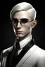 Placeholder: a pale high elf male with short platinum slicked back hair. he has a serious gaze but is young and handsome. he wears thin black rectangle glasses and a black and white business suit.