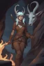 Placeholder: A Dnd character with a long tail and small horns in a dark cave. A blueish female Tiefling archeologist with white skin, white hair wearing glasses, in brown adventurer's clothes. Cunning, beautiful, cool.