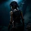 Placeholder: a beautiful dark haired tiefling woman in a sleeveless battle outfit, seen from the back, at the edge of a precipice in the dark, ready to jump, photo quality, dark colors